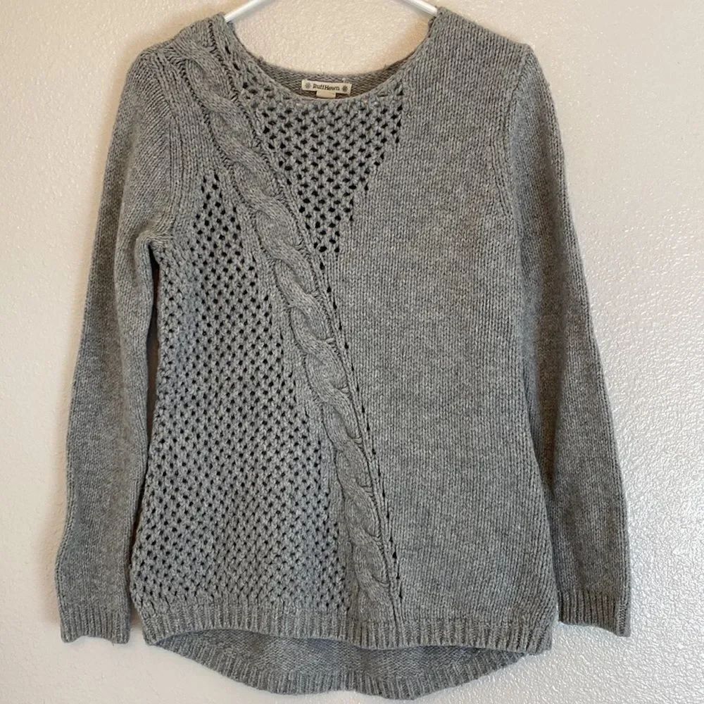 Ruff Hewn women Gray wool blend Cable knit chunky sweater crew neck fisherman M